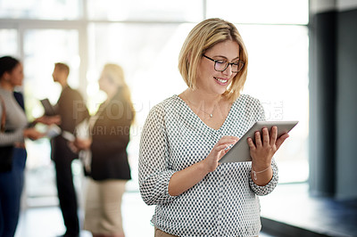 Buy stock photo Seminar, break or businesswoman with tablet in lobby for conference notes, event details or schedule. Global expo, keynote speaker and tech for live poll app, speech preparation or review information
