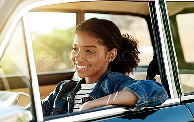 Buy stock photo Happy, woman and driving in car with travel for road trip, holiday adventure or weekend tourism. Smile, driver and getaway journey in new vehicle with freedom, transport insurance or ride to location