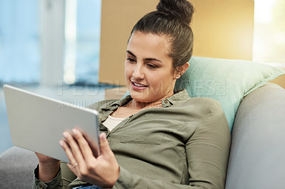 Buy stock photo Research, online and woman with tablet, home or planning for renovation of apartment, app or website. Relocation, smile and person with tech for house improvement, browse and info for interior design