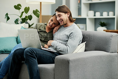 Buy stock photo Happy, couple and watching movies on laptop, home and bonding with entertainment, online and lounge. Relax, woman and smile with man in living room, subscription and tech with film for date in house