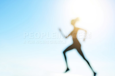Buy stock photo Blue sky, blur and running with woman outdoor for cardio training, fitness or morning workout. Exercise, flare and space with athlete or runner in nature for challenge, improvement or performance