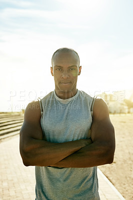 Buy stock photo Fitness, portrait and black man with confidence outdoor for exercise, workout or serious. Arms crossed, runner and athlete in city for health, wellness or determination for sports with pride in Kenya