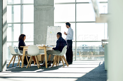 Buy stock photo Meeting, corporate and woman with business people in office for strategy, finance review and planning. Whiteboard, team and workers in presentation for financial growth, feedback and proposal ideas