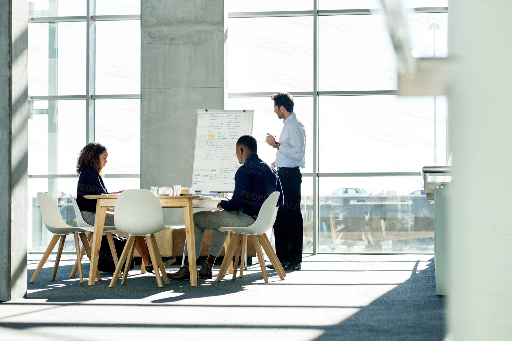 Buy stock photo Meeting, corporate and woman with business people in office for strategy, finance review and planning. Whiteboard, team and workers in presentation for financial growth, feedback and proposal ideas