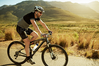 Buy stock photo Man, cycling and bicycle for fitness in nature, training or sports with sustainable transport in countryside. Male person, cyclist and bike with eco friendly exercise or prepare for triathlon outdoor