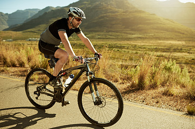 Buy stock photo Active, man and fitness with bicycle, nature and training for sport tournament, cycling or exercise. Outdoor, athlete and eco friendly transport for zero emissions, safety and person with helmet