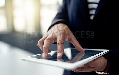 Buy stock photo Hands, business or man with tablet in office for research screen, consulting or legal aid. Court case, lawyer or attorney with touchscreen in company with advisor, flare or technology for app review