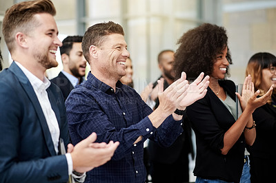 Buy stock photo Praise, crowd or happy man clapping in conference for success, standing ovation or project. People, group development and applause of audience in convention for event, goals or corporate achievement