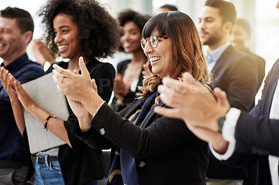 Buy stock photo Praise, business or applause of happy woman in conference for success or corporate project. People, development target and audience clapping in convention for event, goals and winning achievement