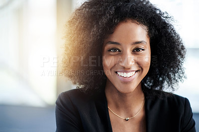 Buy stock photo Portrait, happy or African businesswoman in company with smile, pride and confidence. Consultant, professional and financial analyst in office with finance career, opportunity and corporate ambition