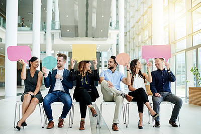 Buy stock photo Speech bubble, opinion and business people in office for hiring, blank space or hr vote. Recruitment, talking or happy candidates with chat sign for social media, feedback and mockup in workplace