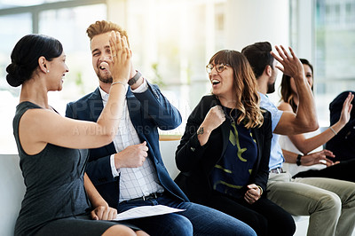 Buy stock photo High five, celebration and business people with convention, audience and notes for seminar event. Workshop, conference and success with crowd feedback and b2b support for presentation or pitch