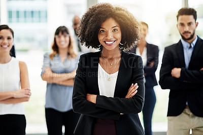 Buy stock photo Business woman, team and portrait in office with smile, arms crossed and confidence. Corporate people, staff and together for teamwork, management or about us for mission collaboration and solidarity