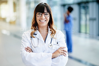 Buy stock photo Doctor, hospital and portrait of woman with crossed arms for medical service, cardiology or wellness. Healthcare, happy and person with confidence, pride or employee for medicare support in clinic