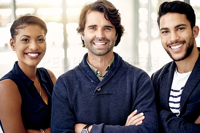 Buy stock photo Portrait, smile and business people in office, arms crossed and editorial team for magazine. Confidence, employees and journalist with happiness, about us or creative agency with copywriting or pride