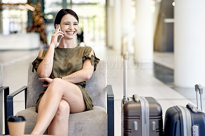 Buy stock photo Businesswoman, suitcase and happy with phone call at airport lounge for travel, flight info or chat. Work trip, person or contact in lobby for global convention update, networking or expo opportunity