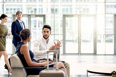 Buy stock photo Laptop, talking and meeting with business people in airport lounge for planning, conference trip and research. Luggage, travel and networking event with employees in lobby for teamwork and discussion