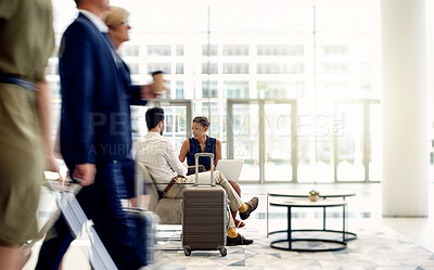 Buy stock photo Business trip, planning and people with laptop, airport and chat for international seminar and team. Colleagues, man and woman with tech for schedule updates, suitcase and luggage in waiting room