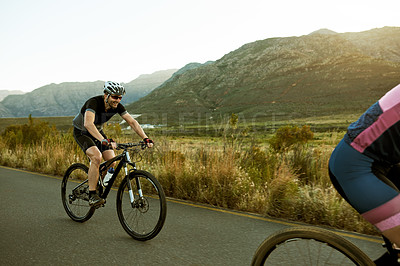 Buy stock photo Cycling, nature and people with bicycle on mountain for sports hobby, training and outdoor exercise. Workout, fitness and man with friend on bike for adventure, journey and wellness in countryside
