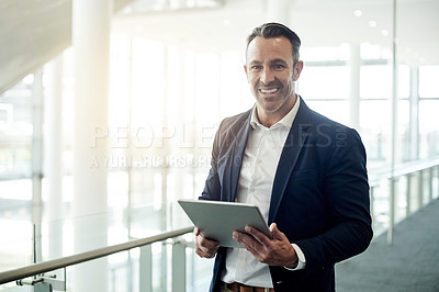 Buy stock photo Office, portrait and business man with tablet for investment research, proposal and finance report. Corporate, lobby and person on digital tech for online review, financial planning or website