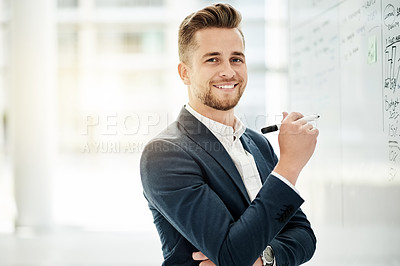 Buy stock photo Employee, whiteboard and man with smile, portrait and equation for profit growth. Problem solving, investment or person in office, solution or brainstorming for revenue increase and data analysis