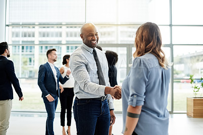 Buy stock photo Business, handshake and people in office, hello and welcome with introduction. Cooperation, agreement and employees in workplace, shaking hands and smile with partnership, thank you and greeting