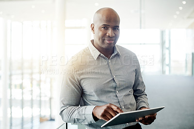 Buy stock photo Tablet, portrait and black man in office with research for finance report with email. Digital technology, contact and African male financial manager with online investment proposal in workplace.