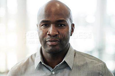 Buy stock photo Business, portrait and serious with mature black man in lobby of convention center for event or symposium. Corporate, experience and face of African employee at conference for development or seminar