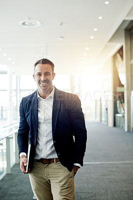 Buy stock photo Smile, pride and portrait of businessman in lobby for corporate finance conference. Happy, confident and male financial manager with tablet at seminar for investment proposal or accounting agency