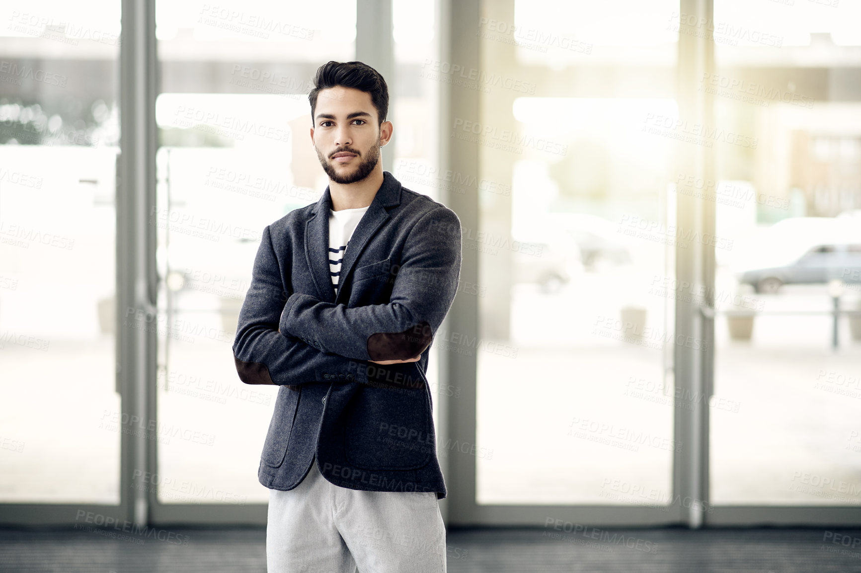 Buy stock photo Crossed arms, serious and portrait of businessman in office with confidence for finance career. About us, professional and male financial manager with pride for corporate job opportunity in workplace