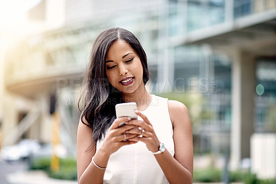 Buy stock photo Happy, chat and businesswoman in city with smartphone for social media, message and website. Smile, texting and female entrepreneur with mobile app in urban town for online notification or technology