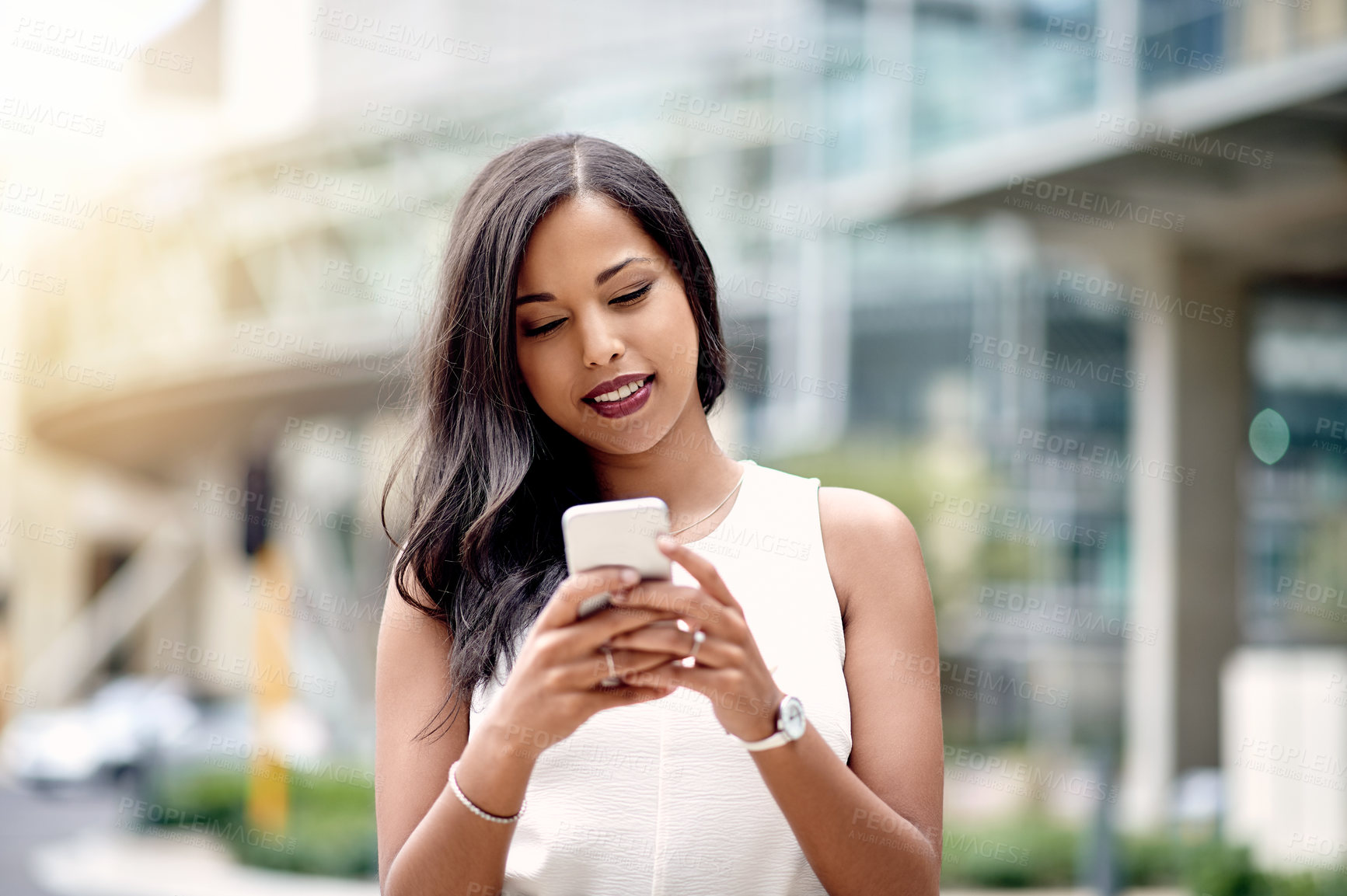 Buy stock photo Happy, chat and businesswoman in city with smartphone for social media, message and website. Smile, texting and female entrepreneur with mobile app in urban town for online notification or technology