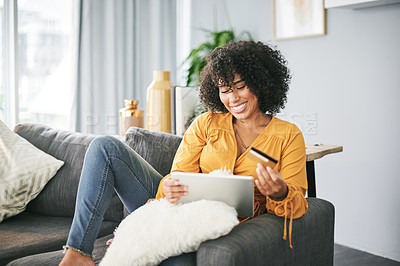 Buy stock photo Woman, tablet and credit card on sofa with smile for deal, promo and discount sale on web in home. Person, happy and relax with fintech app for budget, online shopping or easy payment at apartment