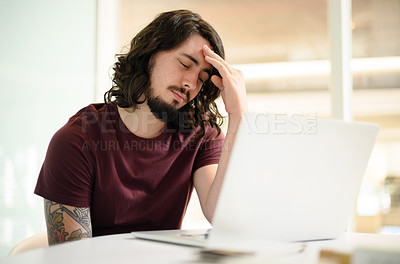 Buy stock photo Man, laptop and stress headache from coding, programming and it security mistake in office. Thinking, glitch and 404 error for cybersecurity developer on technology with software crisis and burnout