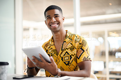 Buy stock photo Fashion designer, thinking or tablet for creative clothing website, homepage or ecommerce store app. Man, technology or remote freelancer on stylist software for trendy, bold and funky product vision