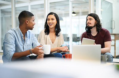 Buy stock photo Business, people and communication with laptop in office for conversation, brainstorming and digital collaboration. Creative team, graphic designers and online with technology for visual project.