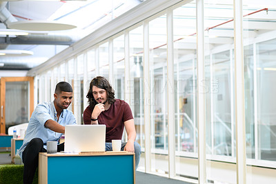 Buy stock photo Pointing, business people and laptop with team in office, planning and online research for startup. Collaboration, employees and digital with tech for information, discuss or prepare for presentation