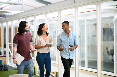 Buy stock photo Business team, tablet and walking for planning, talking and company project in office with coffee. Collaboration, tech and info for storytelling, ebook and article publication as creative employee