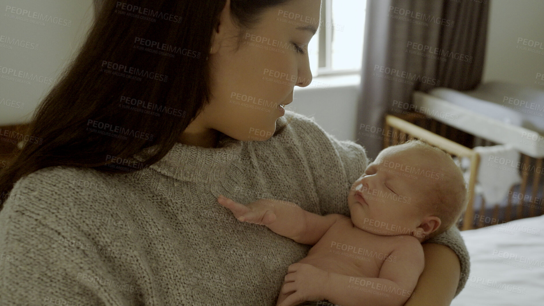 Buy stock photo Parent, newborn and mother with baby as love, care or bonding in a home as affection together. Sleeping, support and mom relax in bedroom with kid as family in house for childcare and comfort