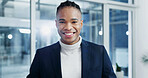 Business, portrait and black man in office with smile, wealth advisor and about us in accounting. Happy, ambition and finance consultant with pride, risk specialist or confidence as portfolio manager