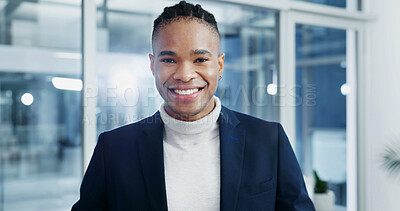 Buy stock photo Business, portrait and black man in office with smile, wealth advisor and about us in accounting. Happy, ambition and finance consultant with pride, risk specialist or confidence as portfolio manager