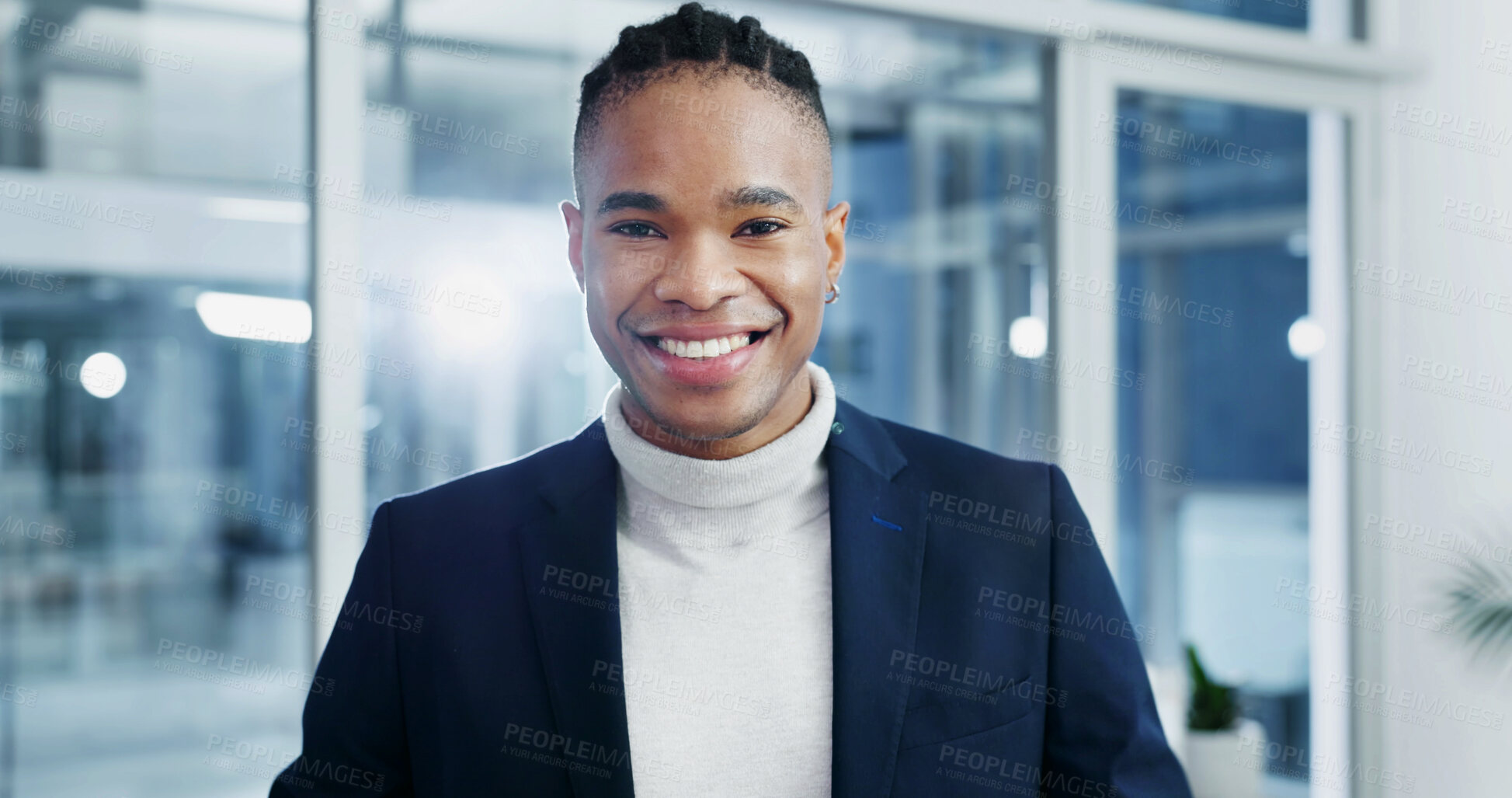 Buy stock photo Business, portrait and black man in office with smile, wealth advisor and about us in accounting. Happy, ambition and finance consultant with pride, risk specialist or confidence as portfolio manager