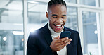 Businessman, laughing and texting with phone in office, accountant and reading good news on website. Message, flare and black person with mobile, bookkeeping and happy for business growth on app