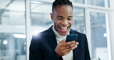 Buy stock photo Businessman, laughing and texting with phone in office, accountant and reading good news on website. Message, flare and black person with mobile, bookkeeping and happy for business growth on app