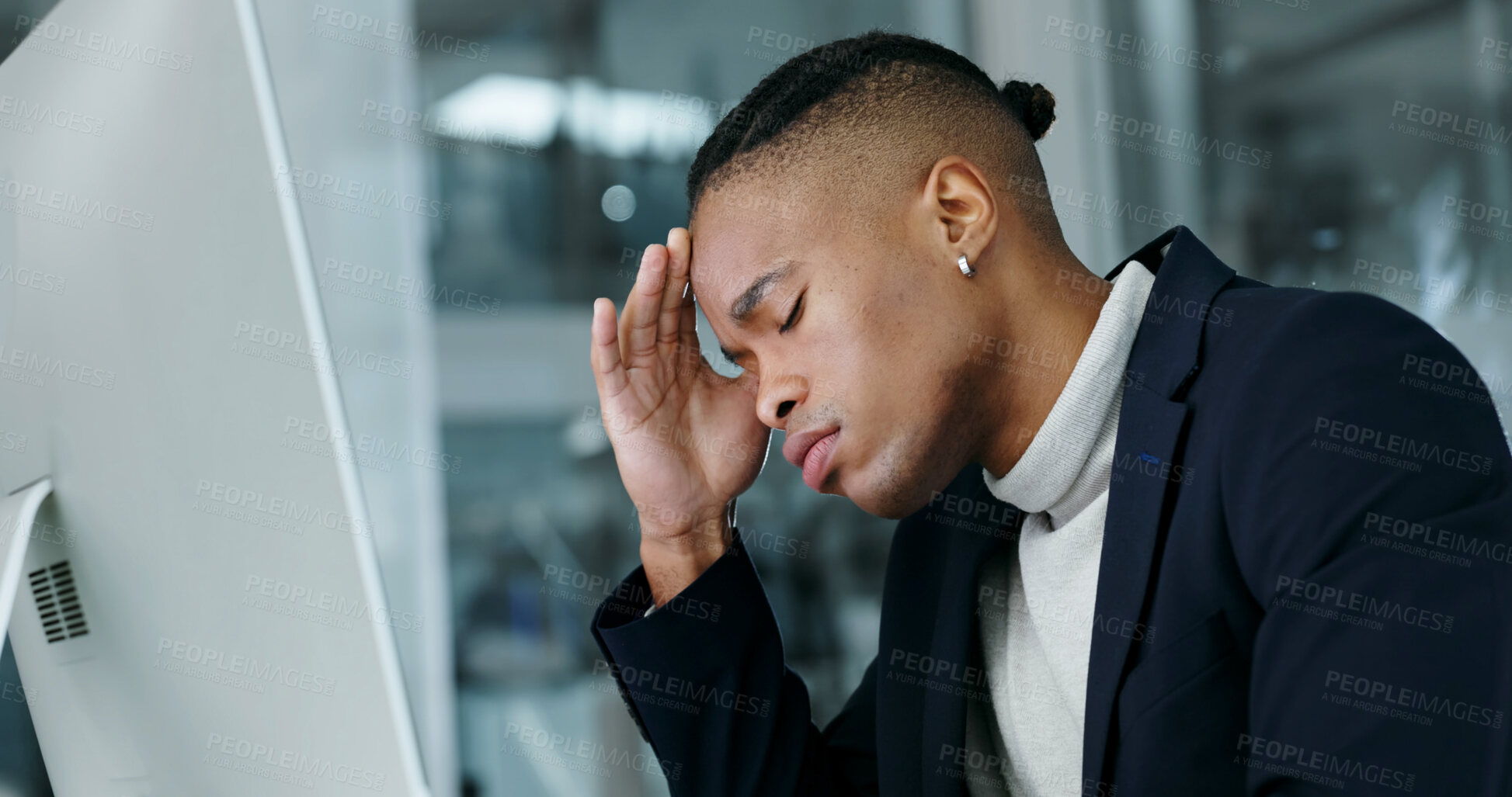 Buy stock photo Tired, businessman and headache in office with computer, stress and delete finance report by mistake. African person, fatigue and glitch in workplace with desktop, error or crisis for financial audit