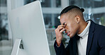 Businessman, headache and problem in office with computer, pain and delete finance report by mistake. African person, fatigue and glitch in workplace with desktop, migraine or financial audit crisis.