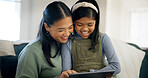 Mother, child and smile with tablet in home for fun drawing app, bonding activity and development. Asian family, mom and girl kid with tech on sofa for online art puzzle, digital gaming or connection