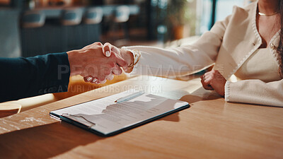 Buy stock photo Woman, handshake and realtor at house with clipboard, closing deal and agreement for real estate. People, shaking hands or consultant in home with contract, negotiation and lease of property purchase