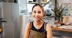 Pottery, workshop and portrait of woman for business, art store and startup for creative hobby. Happy, entrepreneur and person with confidence for ceramic, clay and handicraft design in studio