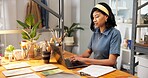 Pottery, woman and typing in small business with laptop, online or post art listing on ecommerce app. Entrepreneur, person and update ceramics catalog in store with computer, shop website or internet